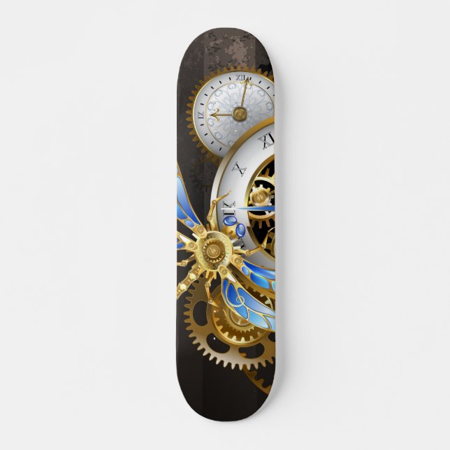 Steampunkuhr mit mechanischer Libelle Skateboard (Vorne)