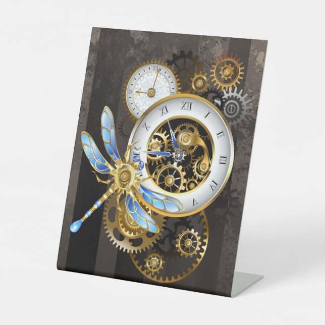 Steampunkuhr mit mechanischer Libelle Sockelschild (Vorderseite)