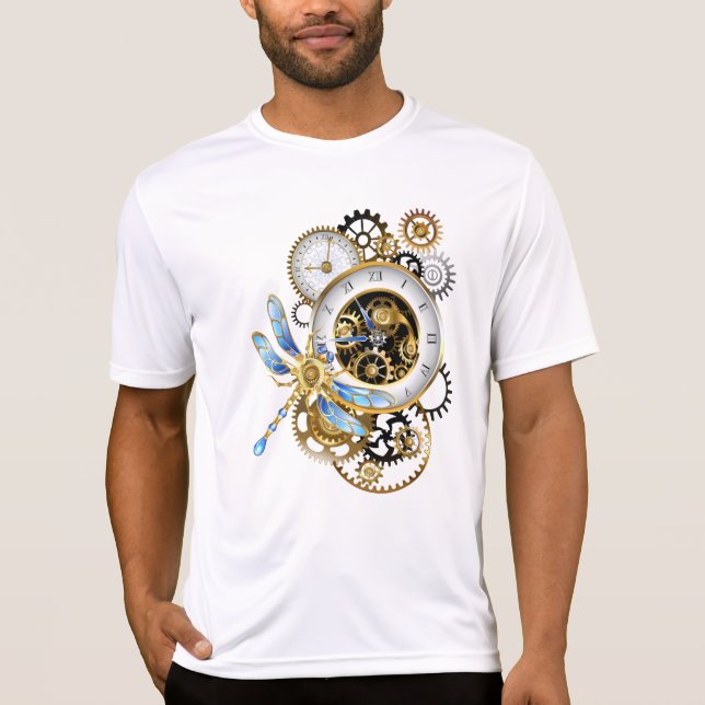 Steampunkuhr mit mechanischer Libelle T-Shirt (Vorderseite)