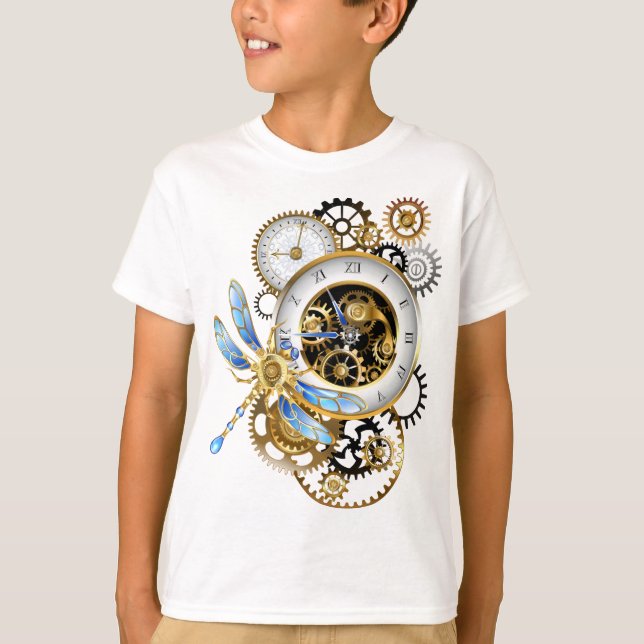 Steampunkuhr mit mechanischer Libelle T-Shirt (Vorderseite)