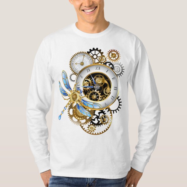 Steampunkuhr mit mechanischer Libelle T-Shirt (Vorderseite)