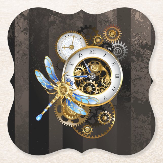 Steampunkuhr mit mechanischer Libelle Untersetzer (Vorderseite)