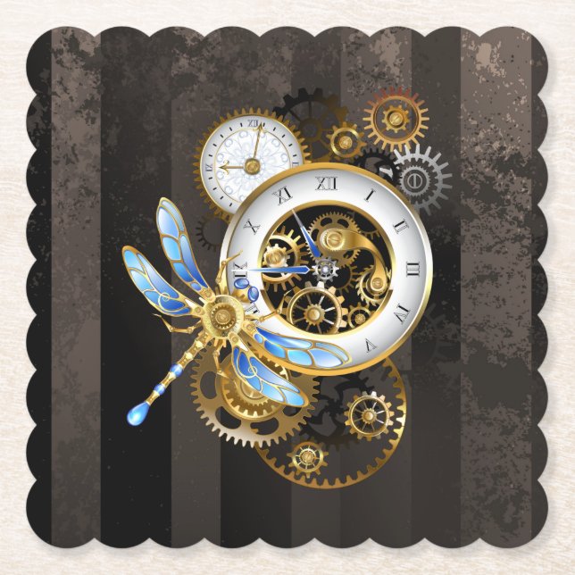 Steampunkuhr mit mechanischer Libelle Untersetzer (Vorderseite)