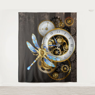 Steampunkuhr mit mechanischer Libelle Wandteppich