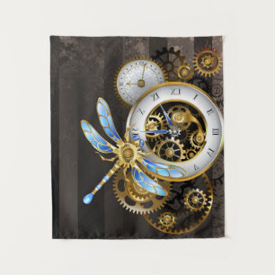 Steampunkuhr mit mechanischer Libelle Wandteppich