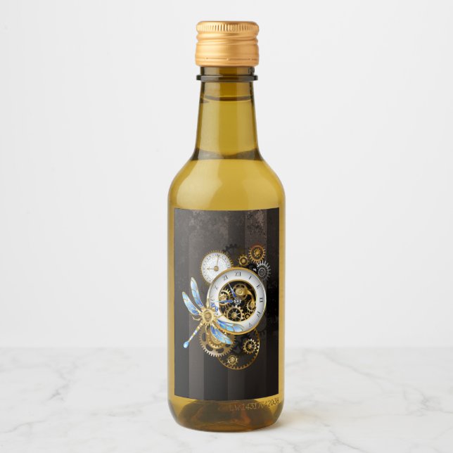 Steampunkuhr mit mechanischer Libelle Weinetikett (Vorderseite)