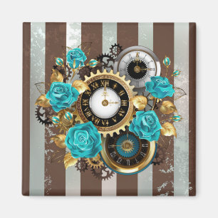 Steampunkuhr und türkisfarbene Rose auf gestreifte Magnet