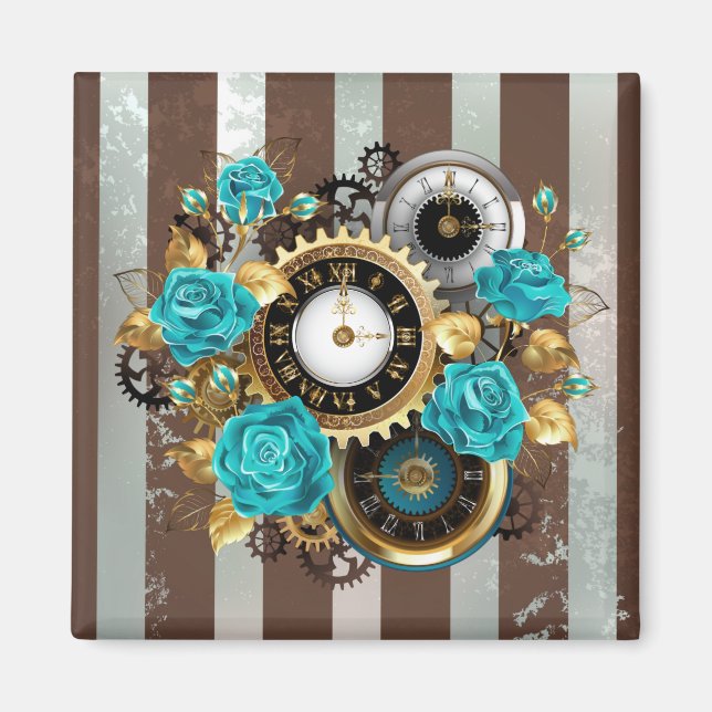 Steampunkuhr und türkisfarbene Rose auf gestreifte Magnet (Vorne)