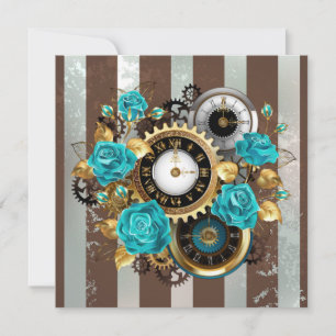 Steampunkuhr und türkisfarbene Rose auf Streifen Ankündigung