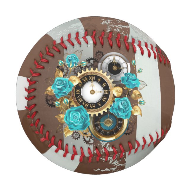 Steampunkuhr und türkisfarbene Rose auf Streifen Baseball (Vorderseite Links)