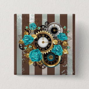 Steampunkuhr und türkisfarbene Rose auf Streifen Button