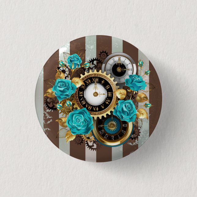 Steampunkuhr und türkisfarbene Rose auf Streifen Button (Vorderseite)