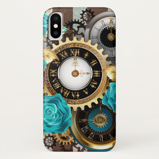Steampunkuhr und türkisfarbene Rose auf Streifen Case-Mate iPhone Hülle (Rückseite)