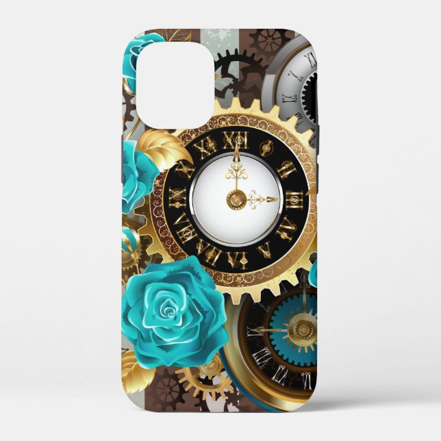 Steampunkuhr und türkisfarbene Rose auf Streifen Case-Mate iPhone Hülle (Rückseite)