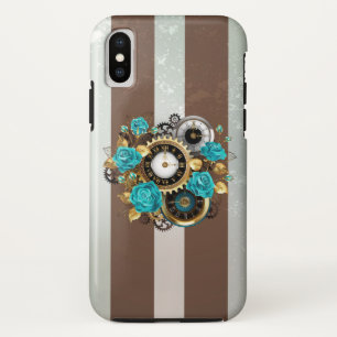 Steampunkuhr und türkisfarbene Rose auf Streifen Case-Mate iPhone Hülle