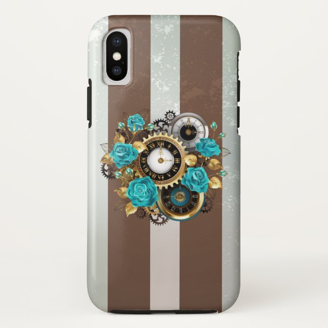 Steampunkuhr und türkisfarbene Rose auf Streifen Case-Mate iPhone Hülle (Rückseite)
