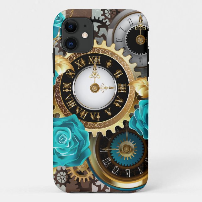 Steampunkuhr und türkisfarbene Rose auf Streifen Case-Mate iPhone Hülle (Rückseite)