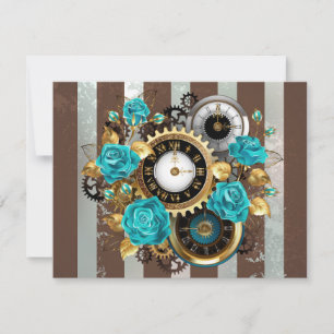 Steampunkuhr und türkisfarbene Rose auf Streifen Einladung