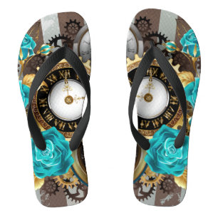Steampunkuhr und türkisfarbene Rose auf Streifen Flip Flops