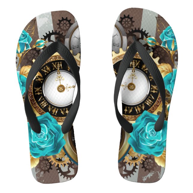 Steampunkuhr und türkisfarbene Rose auf Streifen Flip Flops (Fußbett)