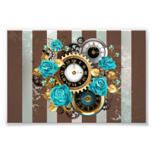 Steampunkuhr und türkisfarbene Rose auf Streifen Fotodruck