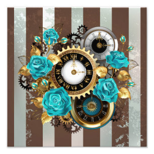 Steampunkuhr und türkisfarbene Rose auf Streifen Fotodruck