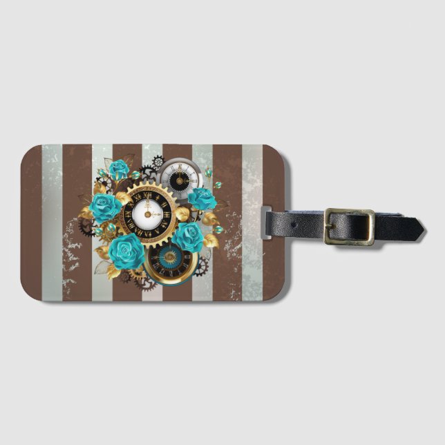 Steampunkuhr und türkisfarbene Rose auf Streifen Gepäckanhänger (Vorderseite (Horizontal))