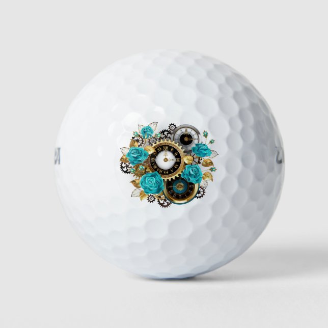 Steampunkuhr und türkisfarbene Rose auf Streifen Golfball (Vorderseite)