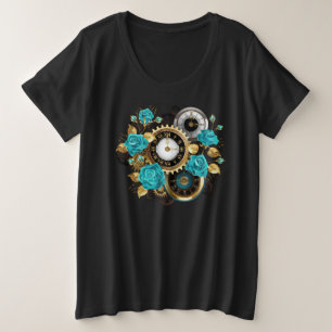Steampunkuhr und türkisfarbene Rose auf Streifen Große Größe T-Shirt