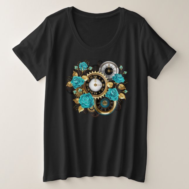 Steampunkuhr und türkisfarbene Rose auf Streifen Große Größe T-Shirt (Design vorne)