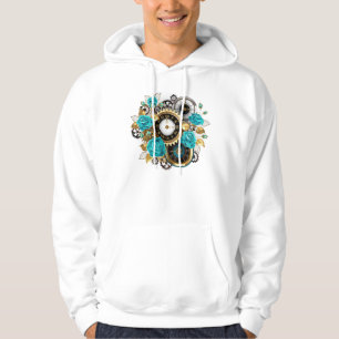 Steampunkuhr und türkisfarbene Rose auf Streifen Hoodie