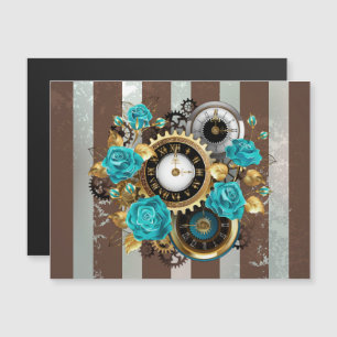 Steampunkuhr und türkisfarbene Rose auf Streifen Magneteinladung