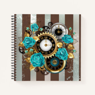 Steampunkuhr und türkisfarbene Rose auf Streifen Notizbuch