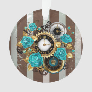 Steampunkuhr und türkisfarbene Rose auf Streifen Ornament