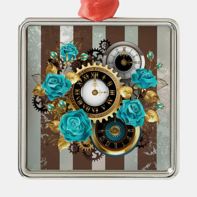 Steampunkuhr und türkisfarbene Rose auf Streifen Ornament Aus Metall (Vorne)