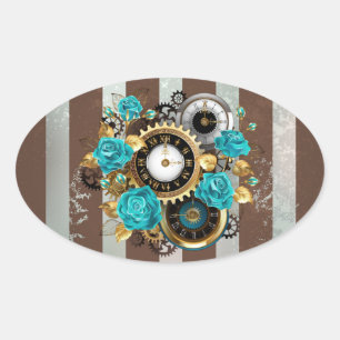 Steampunkuhr und türkisfarbene Rose auf Streifen Ovaler Aufkleber