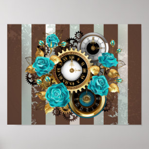 Steampunkuhr und türkisfarbene Rose auf Streifen Poster