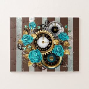 Steampunkuhr und türkisfarbene Rose auf Streifen Puzzle