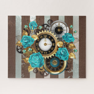 Steampunkuhr und türkisfarbene Rose auf Streifen Puzzle