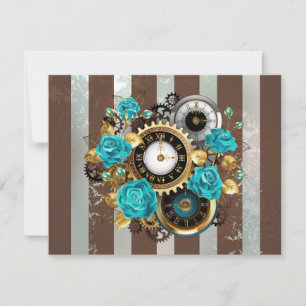 Steampunkuhr und türkisfarbene Rose auf Streifen RSVP Karte