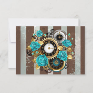 Steampunkuhr und türkisfarbene Rose auf Streifen RSVP Karte
