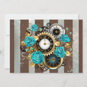 Steampunkuhr und türkisfarbene Rose auf Streifen Save The Date