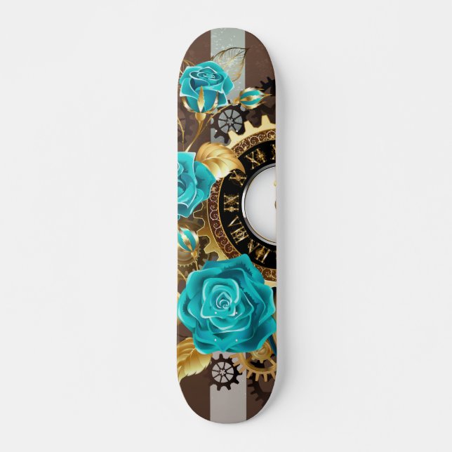Steampunkuhr und türkisfarbene Rose auf Streifen Skateboard (Vorne)