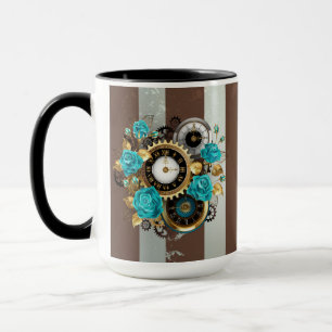 Steampunkuhr und türkisfarbene Rose auf Streifen Tasse