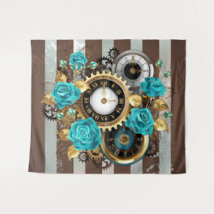 Steampunkuhr und türkisfarbene Rose auf Streifen Wandteppich