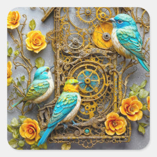 Steampunkvögel mit goldenen Rose Quadratischer Aufkleber
