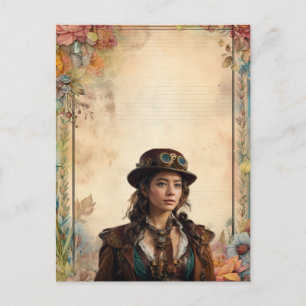 Steampunkweibchen und Vintage Blumenstationäre Postkarte