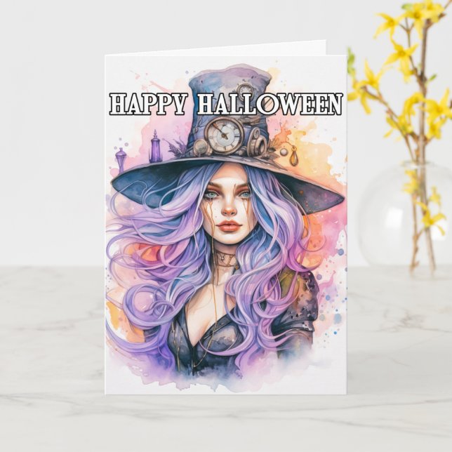 Steampunky Salem Hexe | Frohe Halloween Karte (Gelbe Blume)