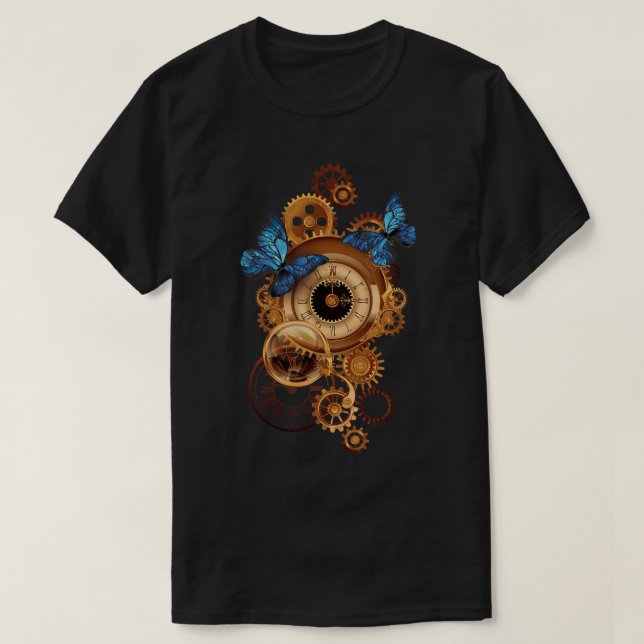 Steamschloss-Uhrgestänge und Schmetterlinge, Vinta T-Shirt (Design vorne)