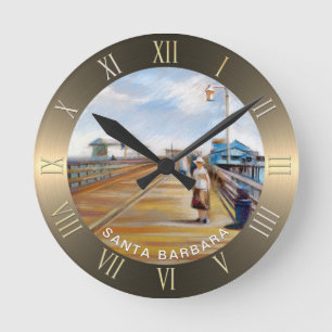 Stearns Wharf Pastel Zeichnend   Santa Barbara, CA Runde Wanduhr